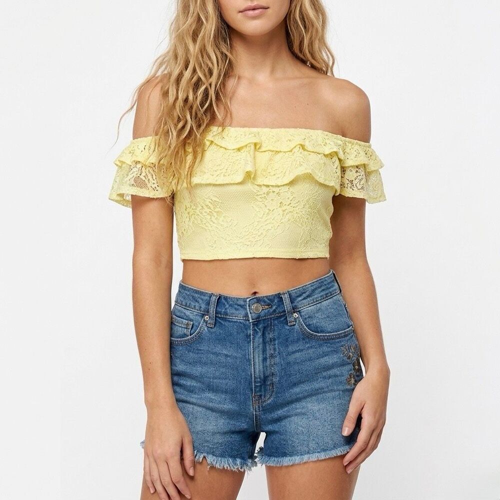 NWOT HYFVE Yellow Lace Off The Shoulder Ruffle Crop Top Medium Boho Summer